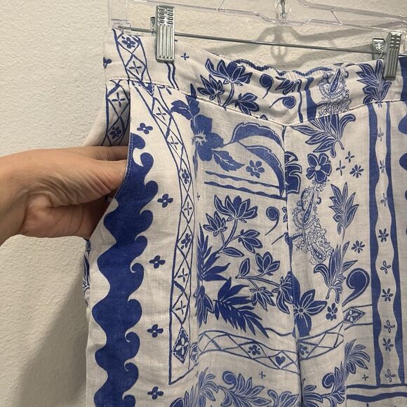 Joie Blue Tropical Print Linen Wide Leg Pants Sz M Resort Wear Beach Vacation - Picture 3 of 10
